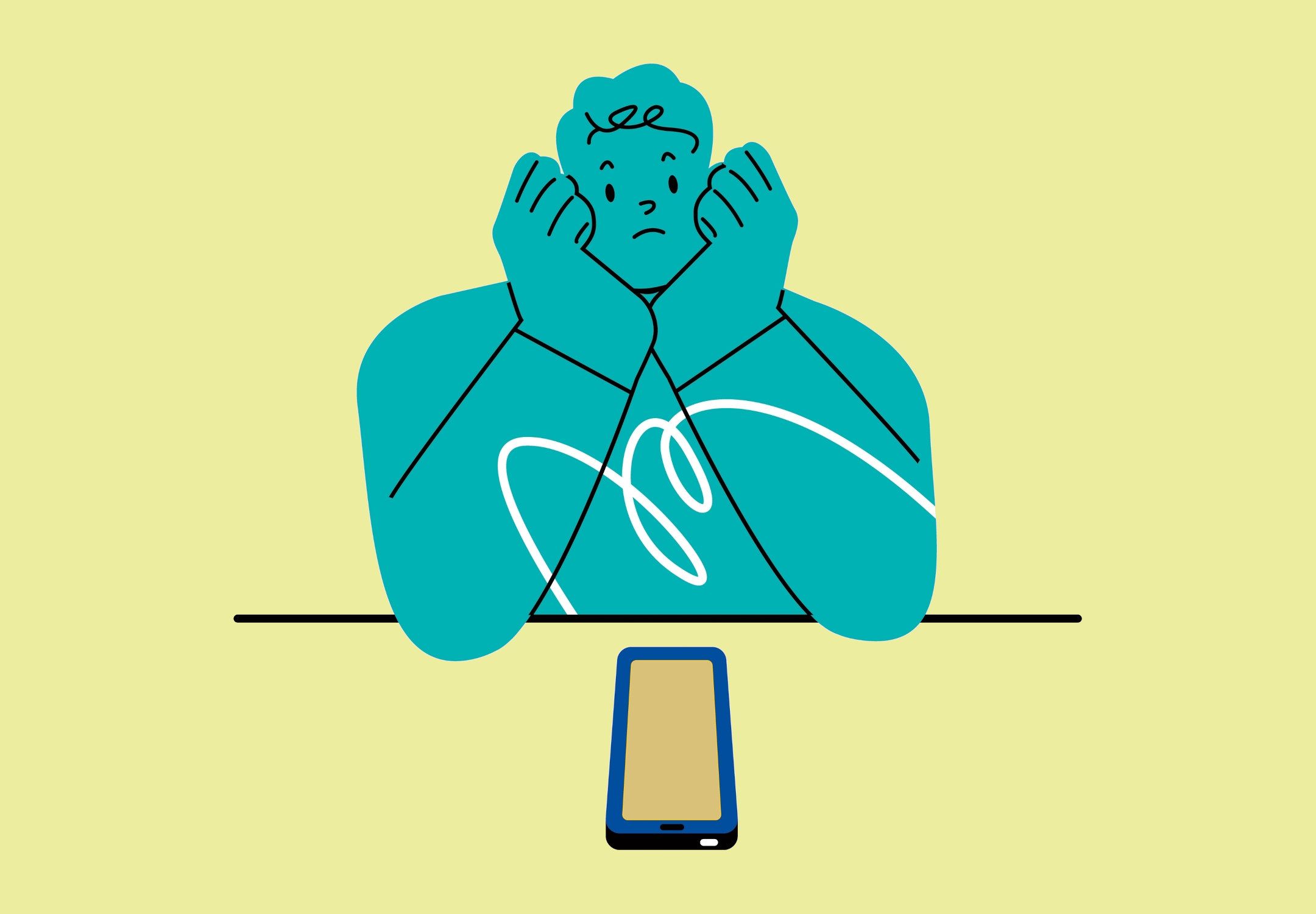 Illustration, hvor ung person med mellemfornøjet ansigtsudtryk og hovedet støttet i hænderne stirrer på sin smartphone, der ligger på bordet