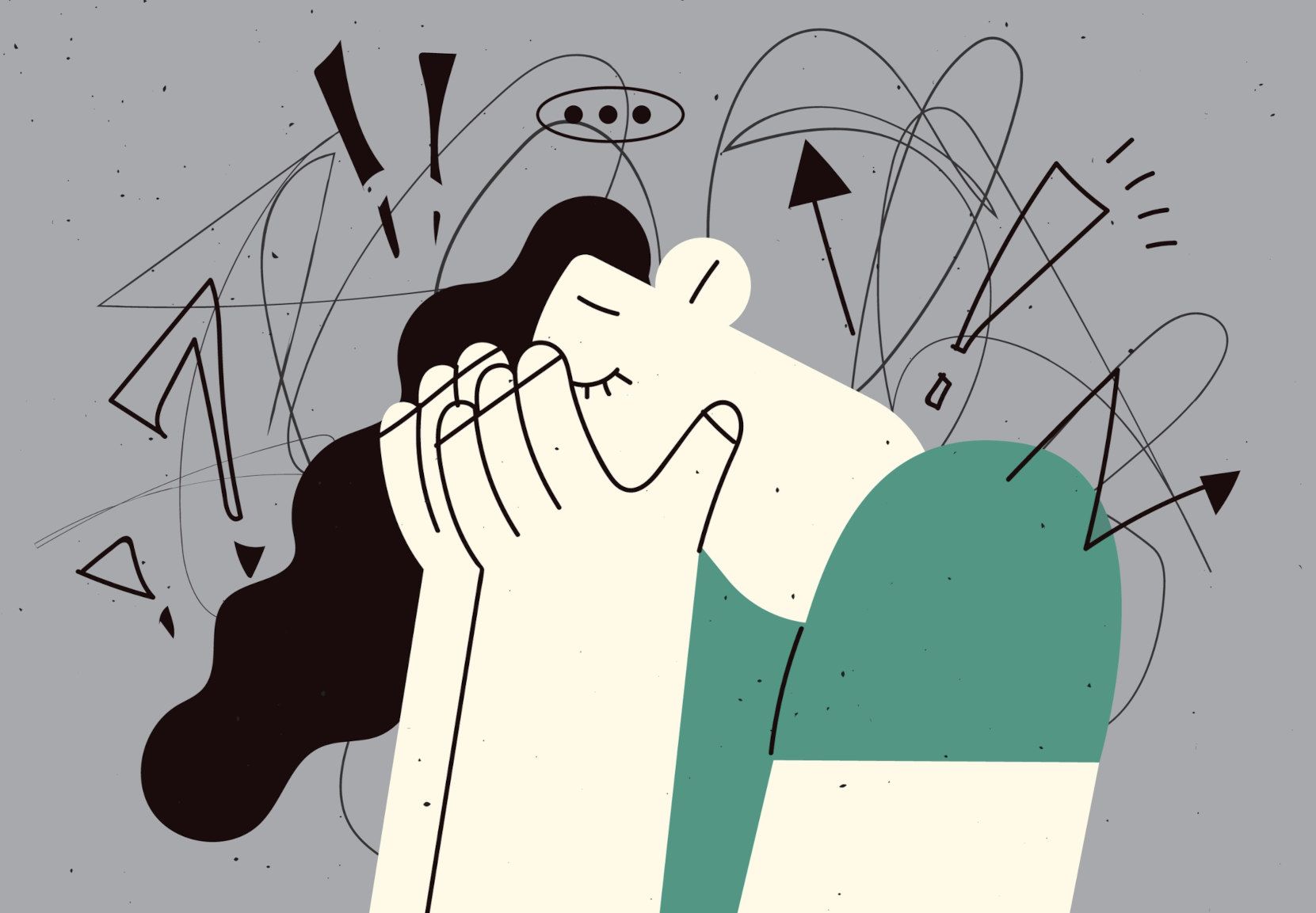 Illustration, hvor person gemmer sit hoved i hænderne og er omgivet af kruseduller, udråbstegn og spørgsmålstegn