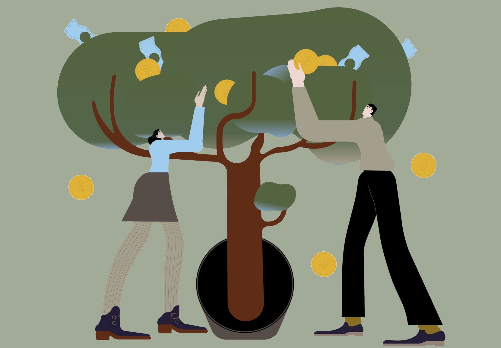 Tegning, hvor to personer løfter mønter ned fra et pengetræ